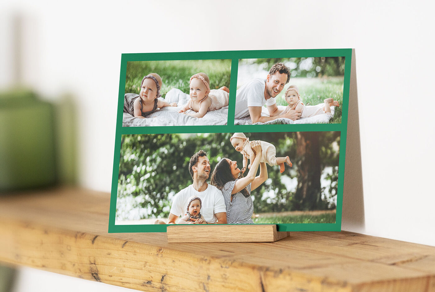 Collage of four images capturing happy family moments outdoors with babies and parents.