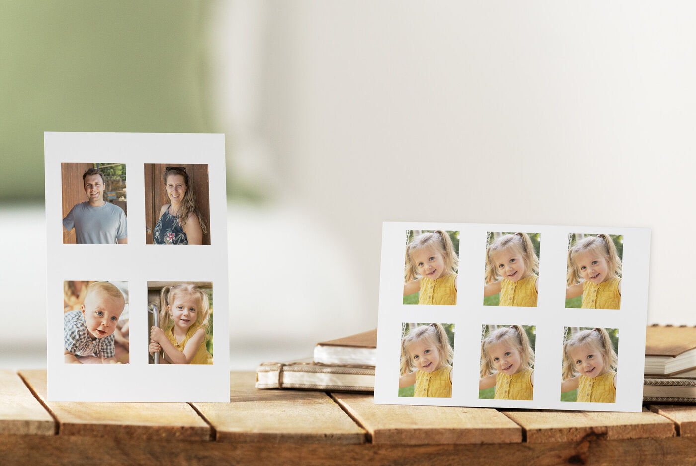 Two creative greeting cards featuring photos of friends and family