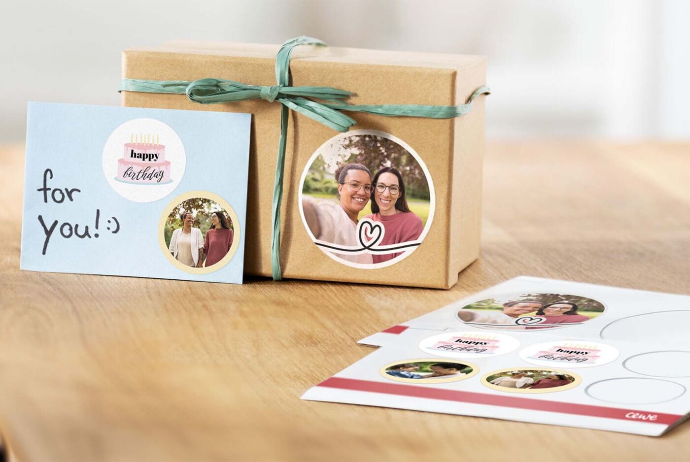 Gift wrapping with stickers, greeting card, and decorations.