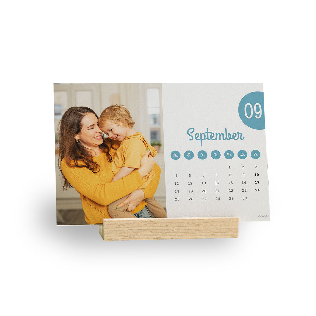 CEWE Personalised Desk Calendar with Wooden Stand | 12 calendar cards | 100% recycled paper