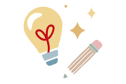 A light bulb with a red ribbon and a pencil.