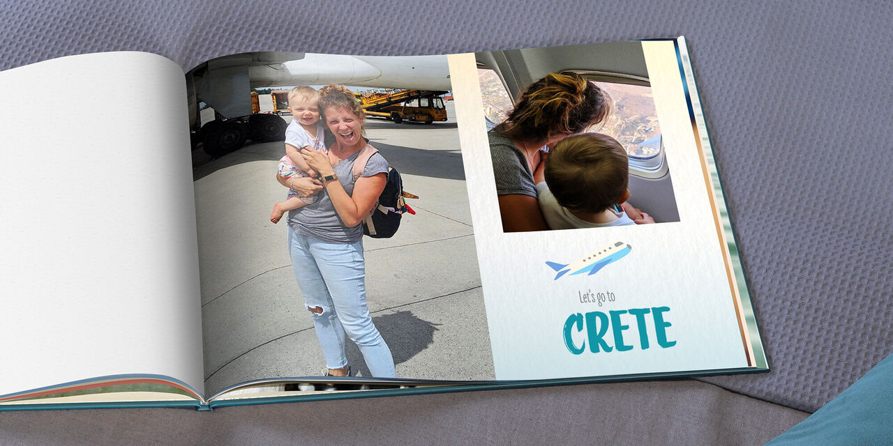 An open CEWE PHOTOBOOK shows Magy and Hannah in front of and in an airplane. A clipart of an airplane and the text "Let's go to Crete" suggest where the journey is going.