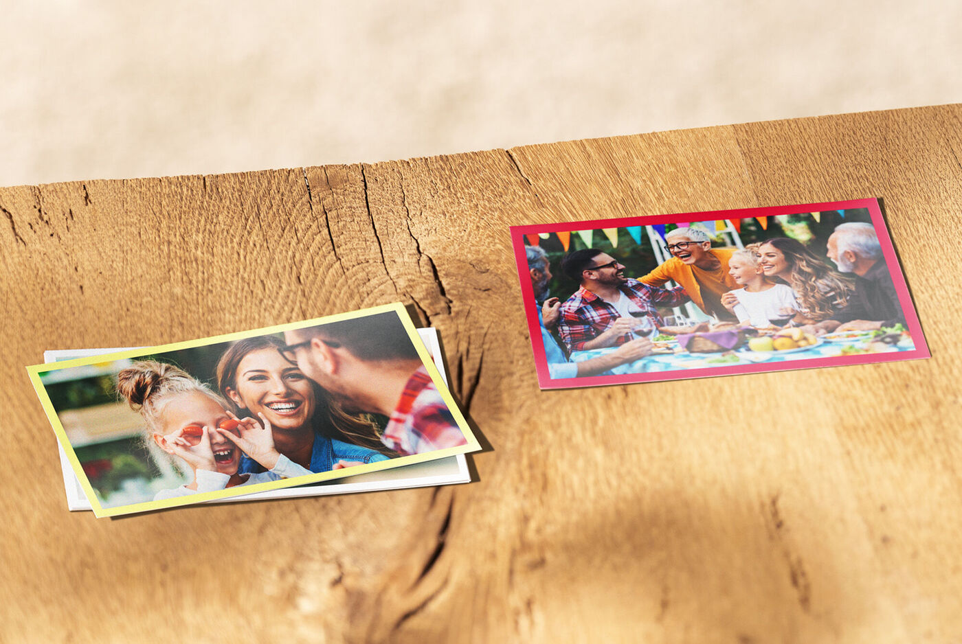 Colorful photos on a wooden log, creating a pleasant atmosphere of love and joy
