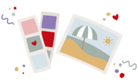 Colorful palette with heart motifs and an image of a beach with a sunshade.