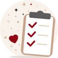 Checklist with checkmarks on a notepad, surrounded by hearts and stars.
