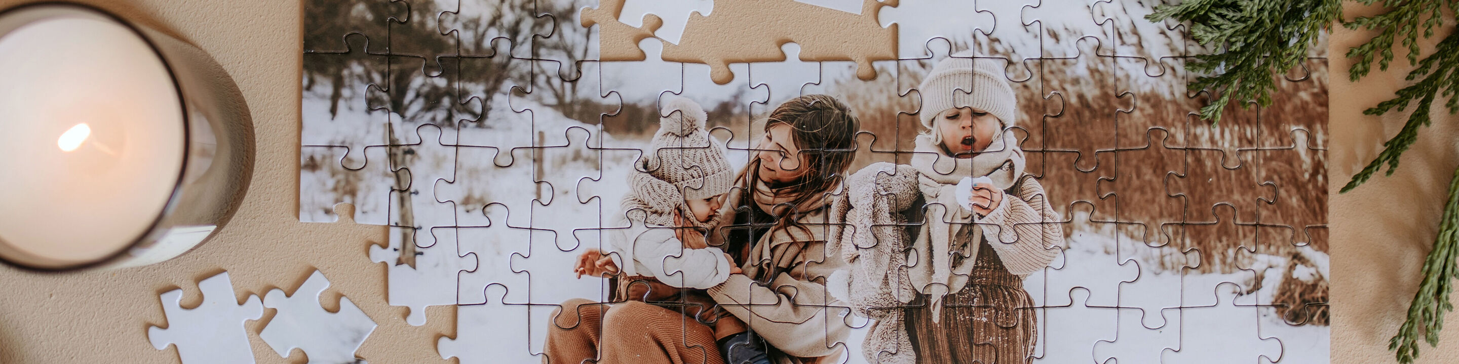 Family enjoys time puzzling in a winter landscape