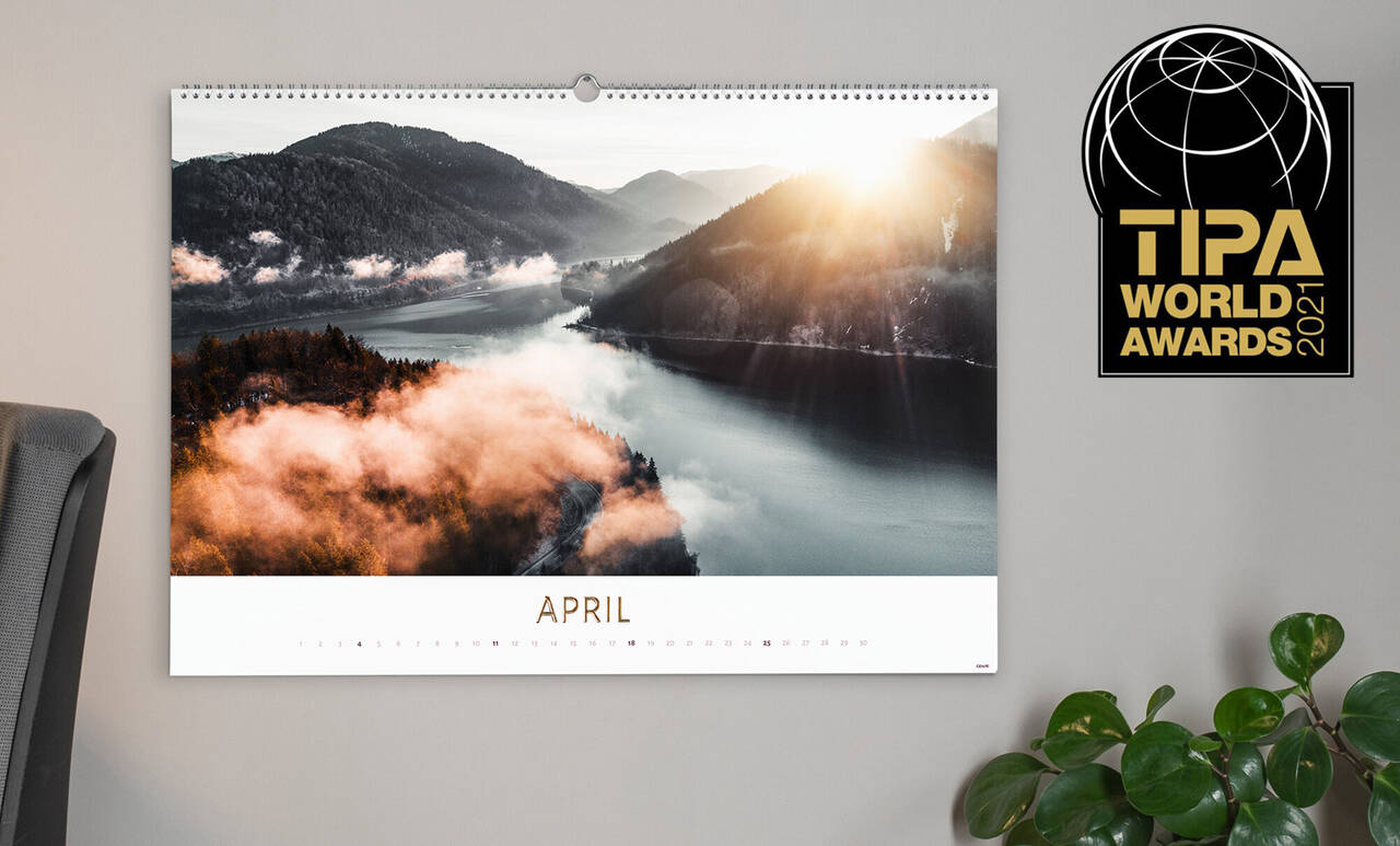 TIPA Award winning A2 Wall Calendar with a landscape photo and gold highlights